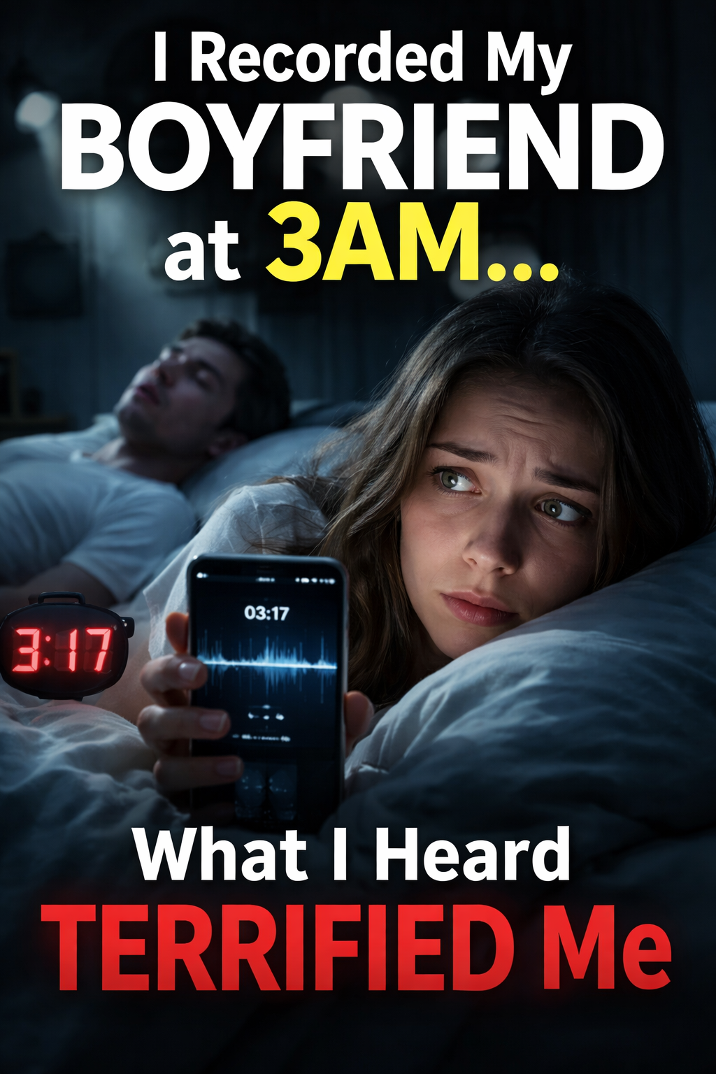 Woman listening to a 3AM sleep recording beside her sleeping boyfriend