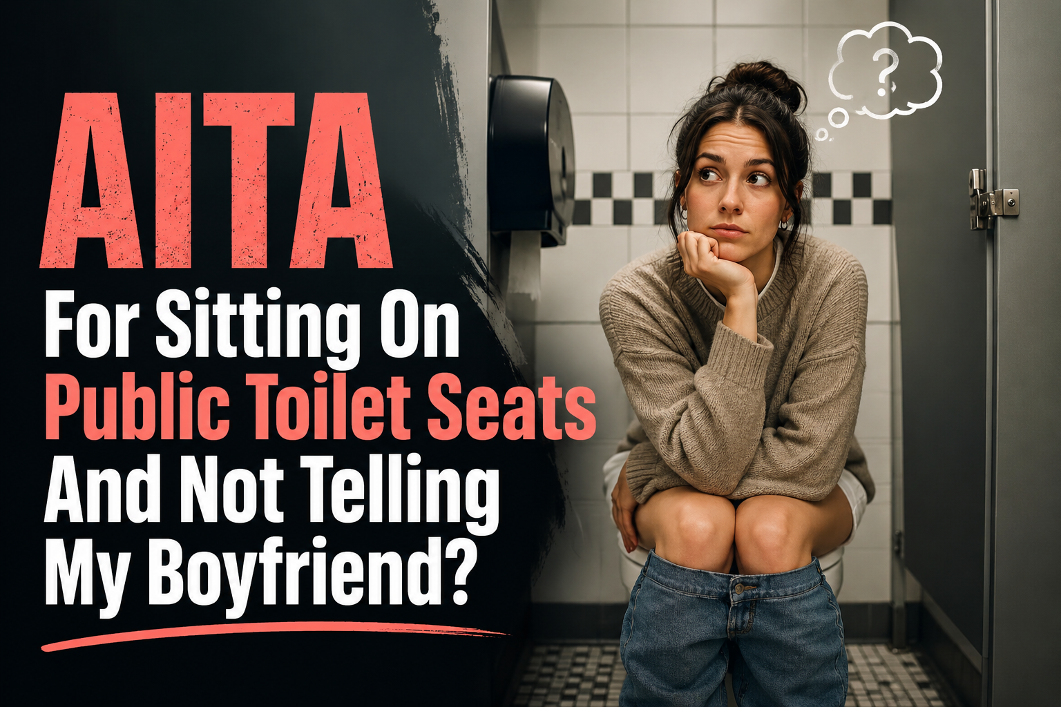 generate hero image with title on it.......................AITA For Sitting On Public Toilet Seats And Not Telling My Boyfriend?